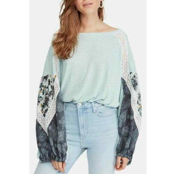 FREE PEOPLE Mint Blue Floral Printed Lace Trim Knit Pullover Shirt Top Boho XS - Picture 1 of 7